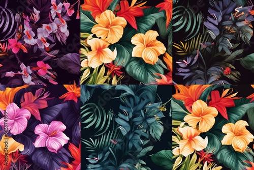 Seamless tropical flower patterns. Generative AI