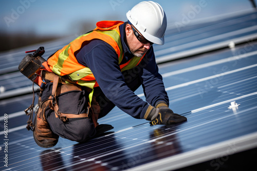 Solar panel installer working in a roof