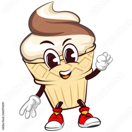 Character mascot of ice cream cone with funny excited face with clenched fist up  isolated cartoon vector illustration. emoticon  cute ice cream cone mascot