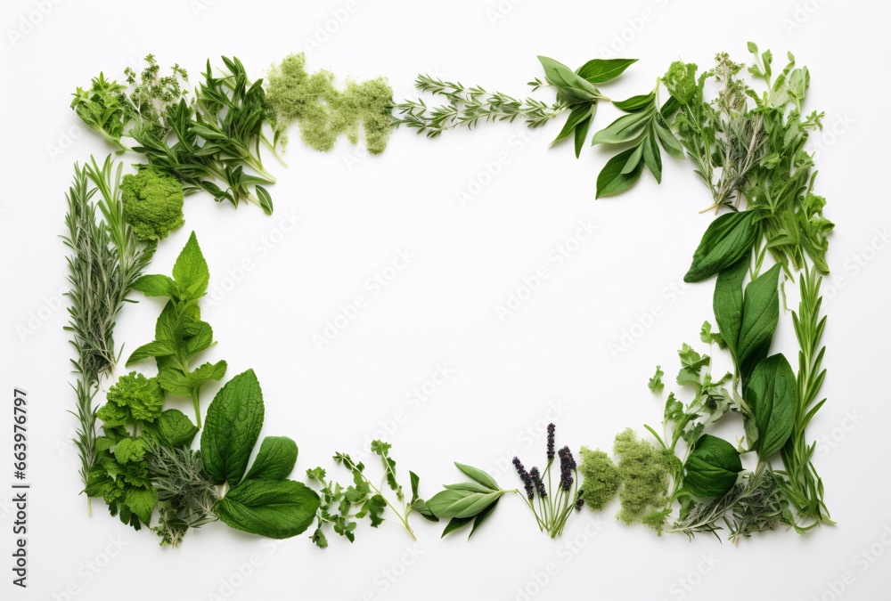 Obraz premium Herbs Shaped into a Frame on White Background