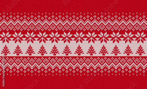 Knitted sweater print with tree and snowflakes. Xmas geometric border. Christmas red background. Holiday knit seamless pattern. Fair isle traditional texture. Festive winter ornament. Vector.