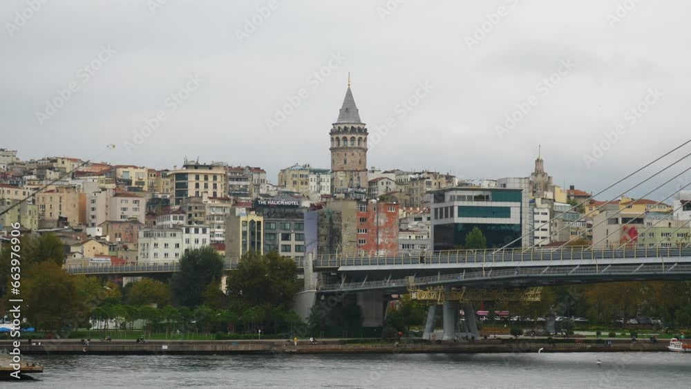 cloudy day istanbul famous tower cityscape central district bay slow motion panorama 4k turkey cloudy day istanbul famous tower cityscape central district bay slow motion panorama 4k turkey