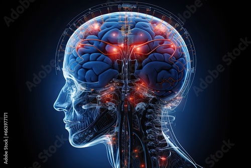 Illustration of the human brain anatomy, x-ray of the human brain. photo