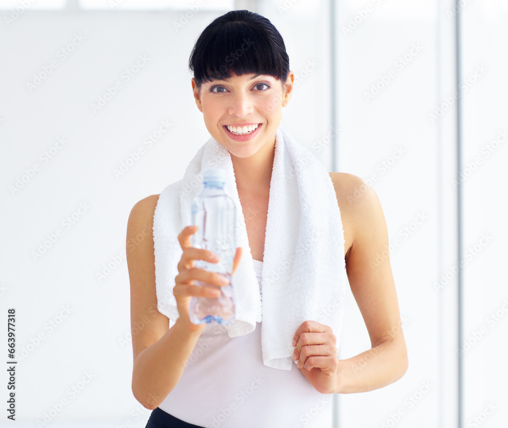 Portrait, exercise and woman with a water bottle, health and training with hydration, towel and sports. Person, happy girl and athlete with liquid, aqua and workout with fitness, thirsty and wellness Portrait, exercise and woman with a water bottle, health and training with hydration, towel and sports. Person, happy girl and athlete with liquid, aqua and workout with fitness, thirsty and wellness