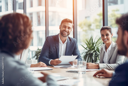 A group of business professionals, including both men and women, gathered in an office for a meeting, where teamwork and leadership play crucial roles in discussing a report.