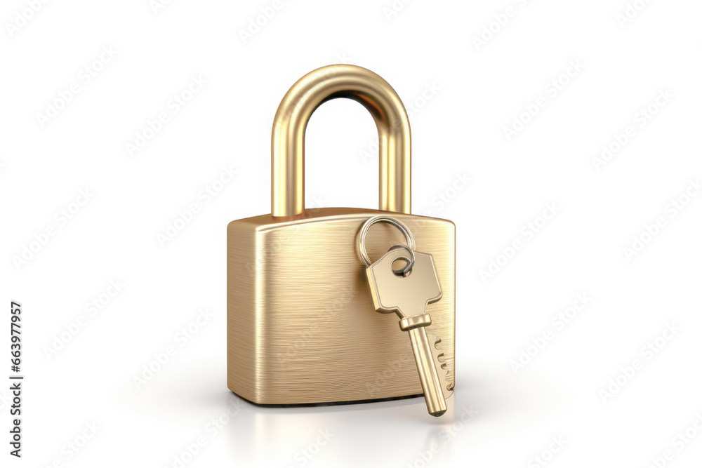 An iron padlock with a sturdy key embodies the concept of protection and safety, serving as a symbol of security and privacy in an isolated white background. An iron padlock with a sturdy key embodies the concept of protection and safety, serving as a symbol of security and privacy in an isolated white background.