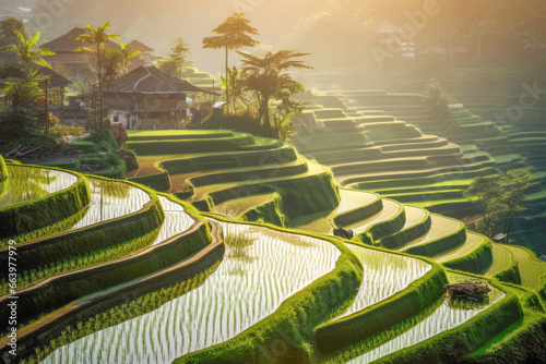 The lush green rice terraces, showcase the harmony between nature and agriculture, offering a captivating rural landscape for travelers to explore. photo