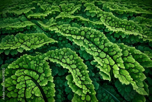 An imaginative representation of a dew-kissed kale leaf in a sprawling, verdant farm photo