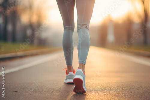 An athletic woman engaged in marathon training, her focus and determination evident as she runs on the road, promoting the importance of exercise and sport.