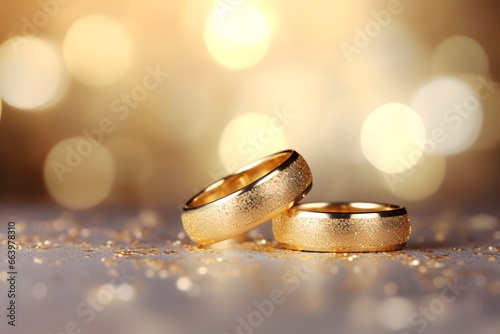 Two gold wedding ring on bokeh background.