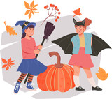 Halloween banner or greeting card layout with children and pumpkins, flat cartoon  illustration. Halloween holiday kids party poster or invitation card backdrop.