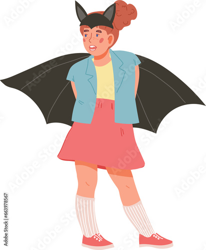 Child girl of preschool age in Halloween costume of bat, flat cartoon illustration. Child ready for Halloween party.