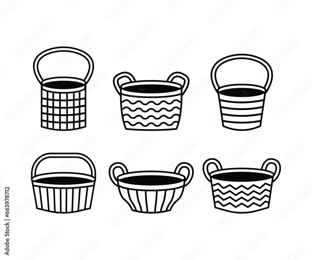 basket picnic fruit, food, drink, bread, hamper vector icon design collection black white line basket picnic fruit, food, drink, bread, hamper vector icon design collection black white line