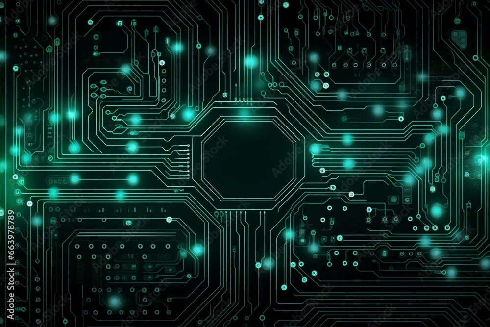 Futuristic circuit illustration with various tech elements. Patterned circuit board for digital tech background. Generative AI