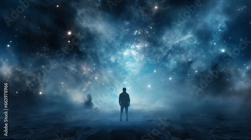 person standing in heavy blue fog in infinite universe