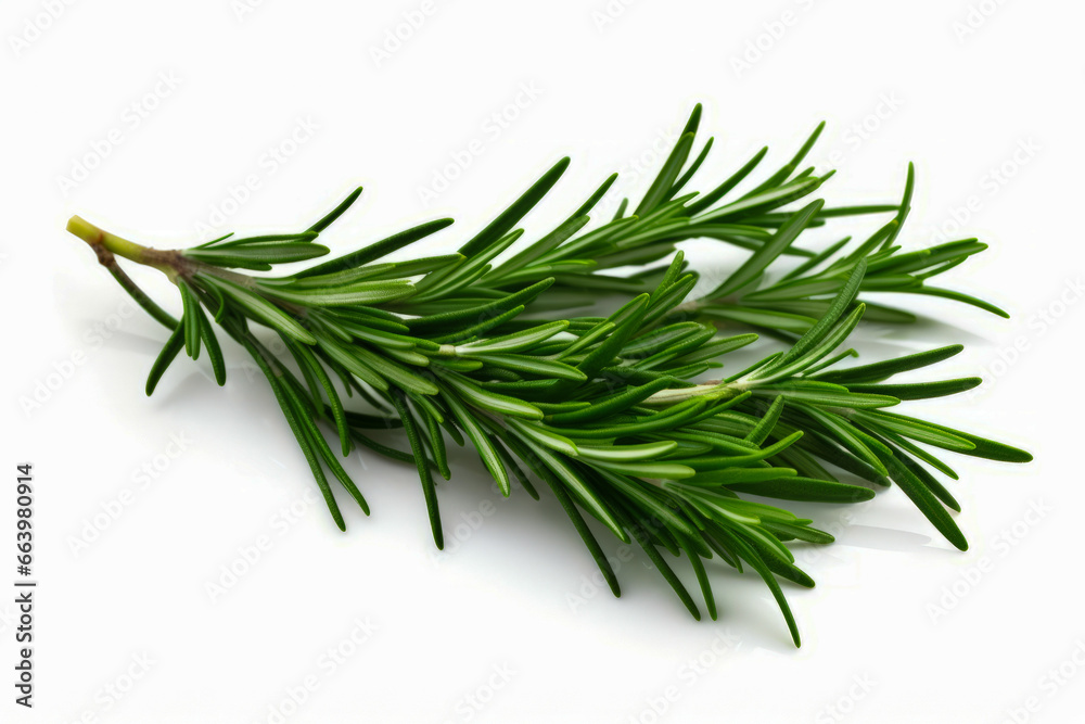 Branch of rosemary plant on white background with shadow.
