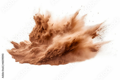Brown dust explosion is flying in the air on white background.