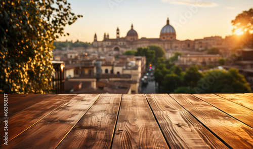 Rome's allure: A wooden tabletop with a charming blurred background of the historic city. photo