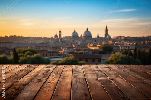 Blurred Rome cityscape serves as a stunning backdrop for product display on a wooden table.  © apratim