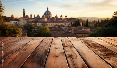A wooden table with a blurred Rome background, perfect for product display. Exquisite Italian cityscape. © apratim