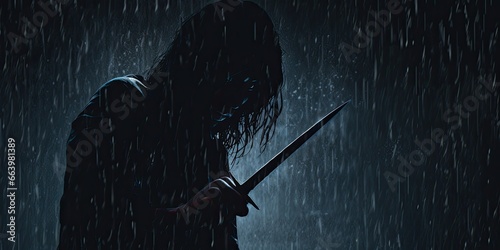 silhouette of a person with a knife in the dark rain photo