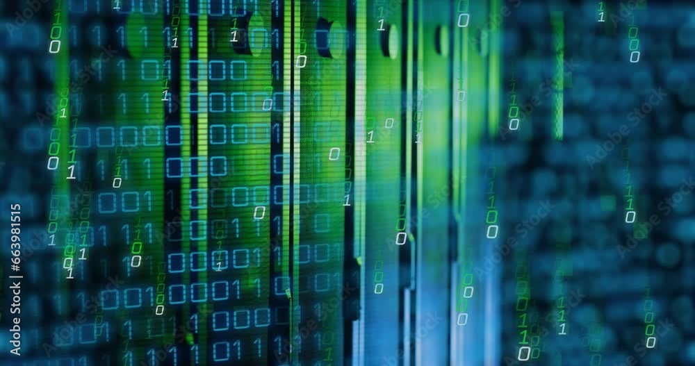 Animation of falling binary codes over data server racks in server room Animation of falling binary codes over data server racks in server room