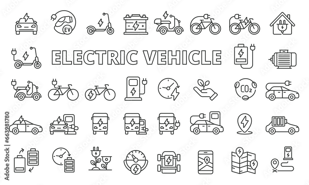 Electric vehicle icons set in line design. Business, scooter, electric car, battery, electric motor, charge, charging station vector illustrations. Electric vehicle icons