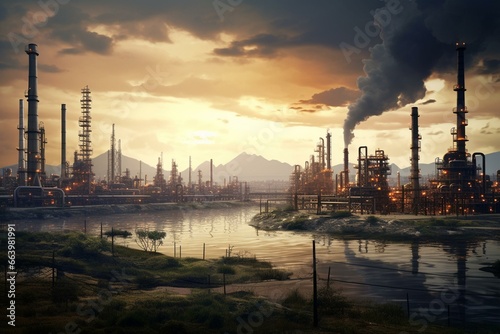 A modern city featuring an oil and gas refinery plant at its center, highlighting the industry's vital role in our lives. Generative AI