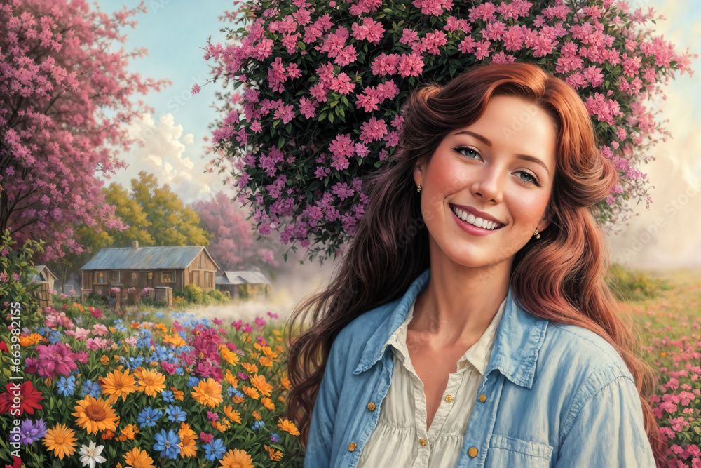 portrait of a beautiful girl posing against the background of nature with flowers and trees on a bright sunny day portrait of a beautiful girl posing against the background of nature with flowers and trees on a bright sunny day