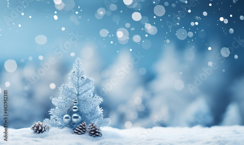 Banner with snow and Christmas decorations on light blue blurred background, empty space for inserting text or logos, holiday theme © Patrizia Paradiso