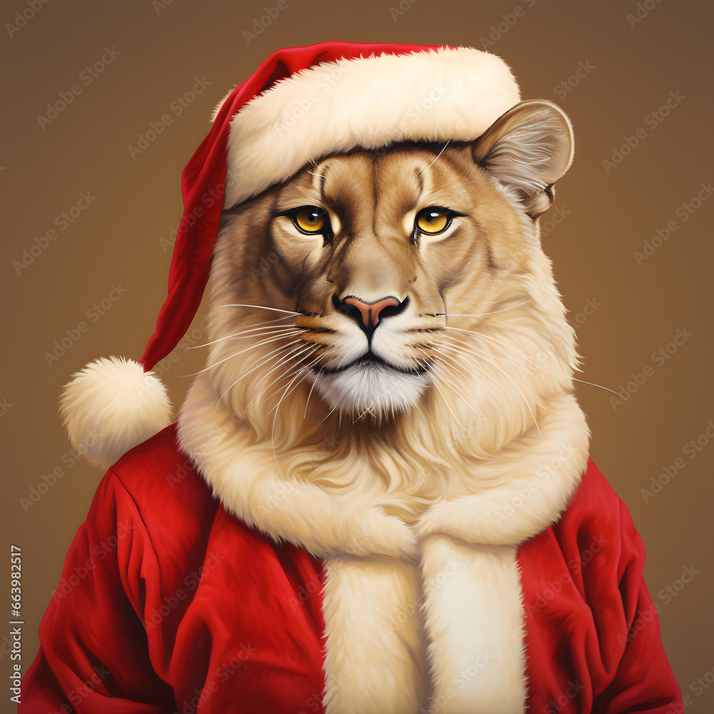 Portrait of a puma in a red New Year's suit. Brown background Portrait of a puma in a red New Year's suit. Brown background