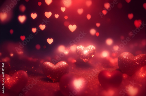 Red, shiny, glittering hearts, valentine's day, wedding, romantic background, greeting card, postcard. 