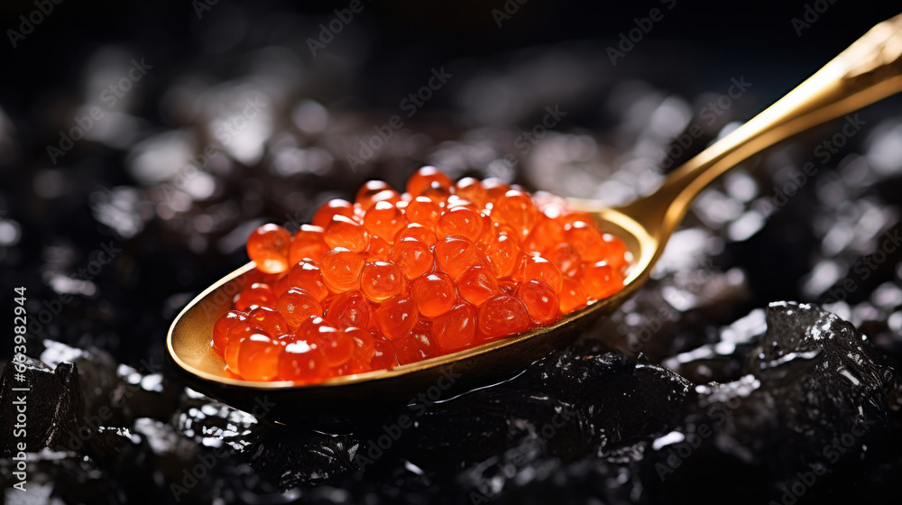 Metal spoon with red caviar above black caviar, closeup Metal spoon with red caviar above black caviar, closeup