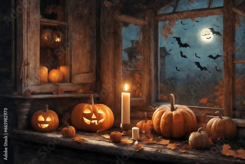 halloween holiday decorations, jack o lantern pumpkins and candles on a windowsill, flying bats outside the window, moonlit night, scary, dark magic