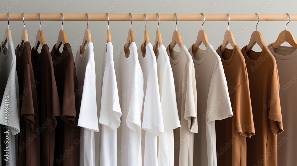Generative AI, Colorful t-shirts on hangers, apparel background, print on demand concept, cloth store
