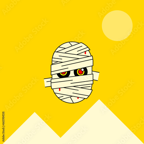 Halloween mummy face with bandages, eyes and open mouth outline iconic vector line art (ID: 663984138)