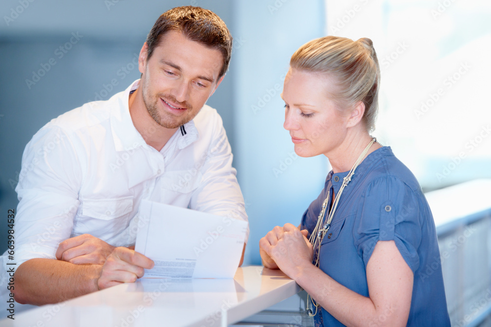 Obraz premium Business people, teamwork and advice for documents, finance report and company taxes or revenue in office. Professional accountant, woman or manager reading paperwork of audit, sales or profit review