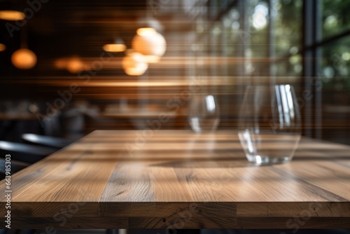 Warm toned wooden table against blurred city lights, an inviting display space with an urban evening ambiance.