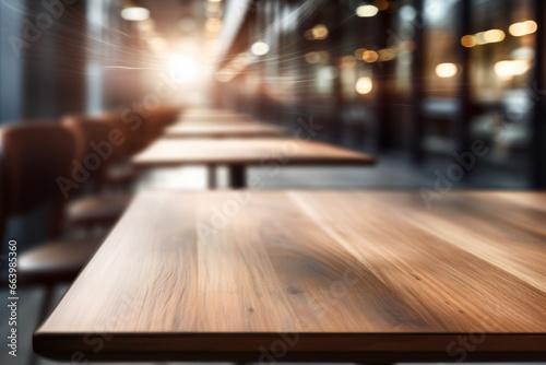 Warm toned wooden table against blurred city lights  an inviting display space with an urban evening ambiance.