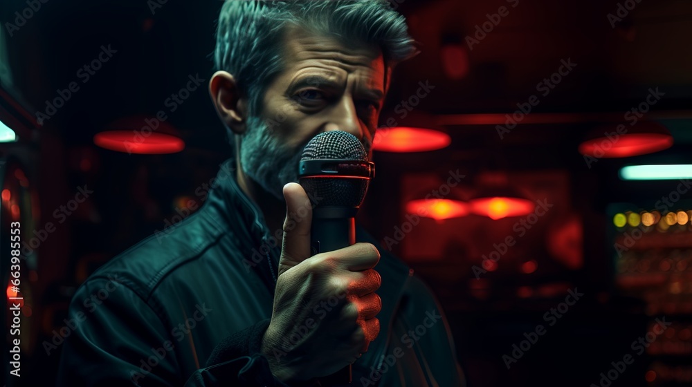 Microphone in focus with defocused background of man and bar. Made with Generative AI.