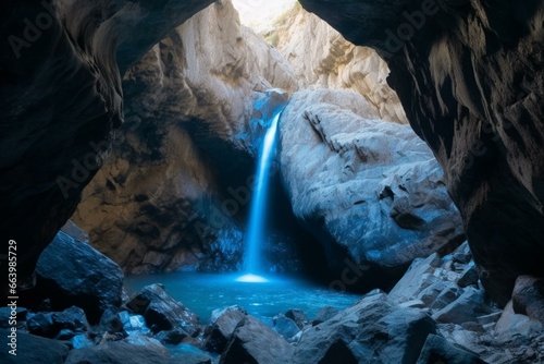 A waterfall flows into a cave with rocks and a mountain in the background, framed by blue with an arrow pointing upward to the right side of the cave. Generative AI