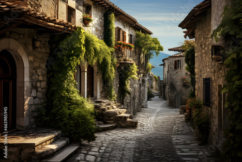 Historic European village characterized by ancient stone houses and cobblestone streets