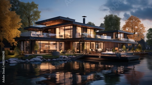 3d rendering of modern house by the river at evening, house, luxury, villa, modern, architecture, building, exterior, residential, property, designer © pinkrabbit