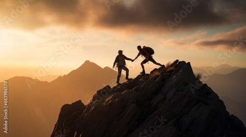 silhouette photo, Teamwork with man helping friend reach the mountain top, Business team, Goal, AIM, Successม  freedom, motivation, leader. © pinkrabbit