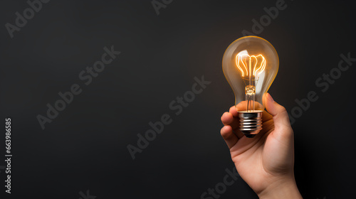 Closeup of a hand holding an incandescent light bulb. creative business ideas Idea inspired by a light bulb on dark background. Successful concept