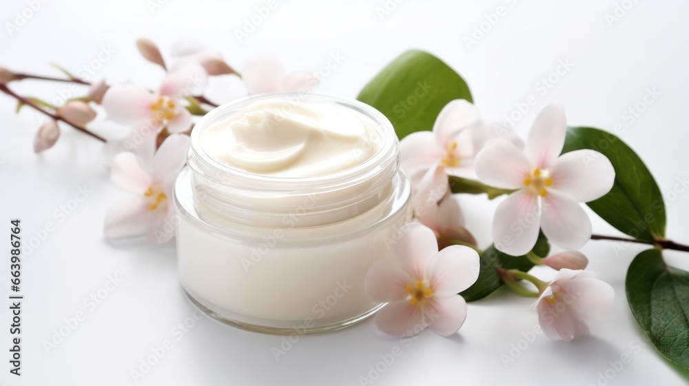 whitening and moisturizing Face cream in an open glass jar and flowers on white background. Set for spa, skin care and body products and solutions for skin problems such as scars, acne, wrinkles. whitening and moisturizing Face cream in an open glass jar and flowers on white background. Set for spa, skin care and body products and solutions for skin problems such as scars, acne, wrinkles.