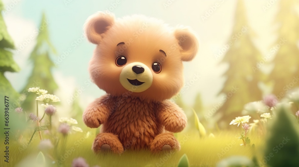 Cute scene of a baby bear in nature, illustration in 3d cartoon style. Created with Generative Ai technology. Cute scene of a baby bear in nature, illustration in 3d cartoon style. Created with Generative Ai technology.