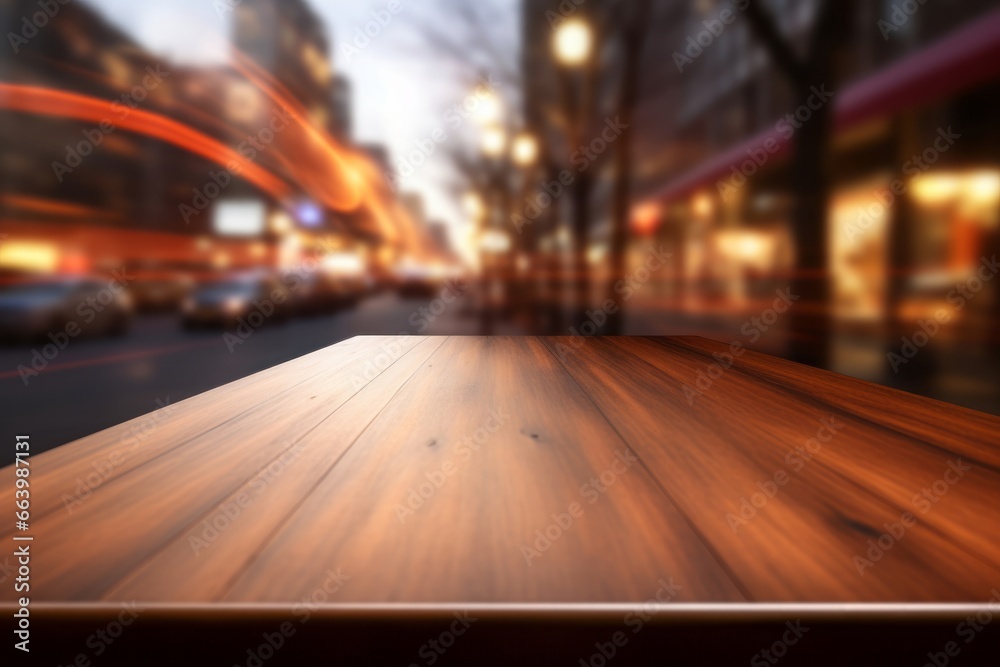 Warm toned wooden table against blurred city lights, an inviting display space with an urban evening ambiance.