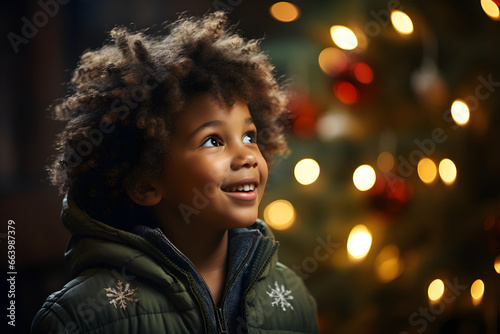 Festive joy, Little black boy radiating excitement by the Christmas tree at home © NE97