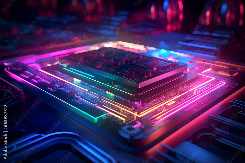 Supercomputer CPU and GPU, circuits mother board interconnection with neon glowing light Supercomputer CPU and GPU, circuits mother board interconnection with neon glowing light